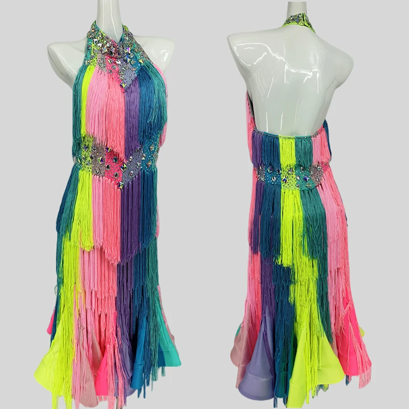 

Colorful Tassels Latin Dance Dress Women Competition Dress Rhinestone Dance Costume Cha Cha Rumba Samba Performance Wear BL13422