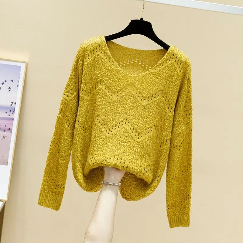 Spring and Autumn Knitted Women's Long Sleeved Top with New Style Hollow V-neck Western Style Loose and Age Reducing Sweater