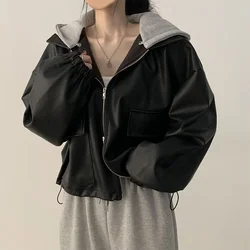 女性用ツーピースレザーパッチワークコート,ルーズジャケット,フード付き,レトロでシックな服,エレガントな美学,黒,2000