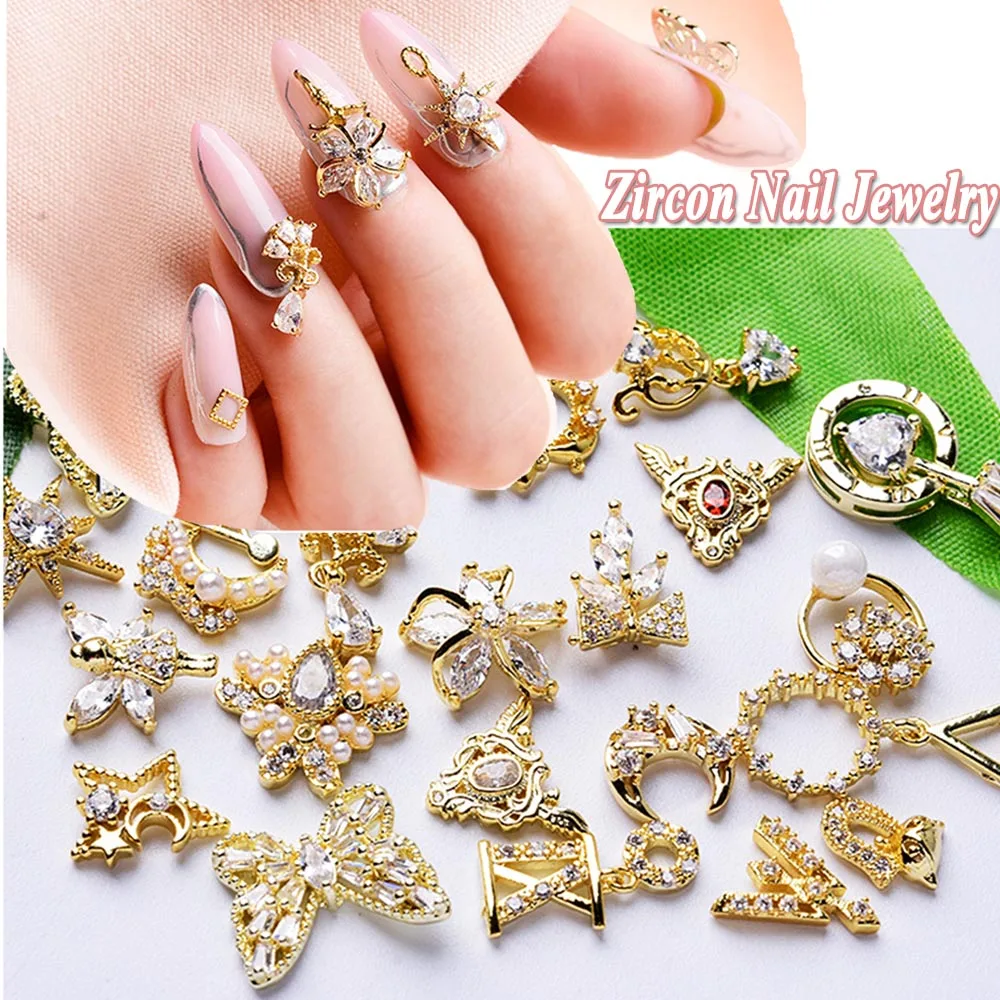 3D Gold Moon Pearl Stars Metal Zircon Diamond Nail Art Jewelry Nail Rhinestones Crystal Pendant Nail Art Decorations