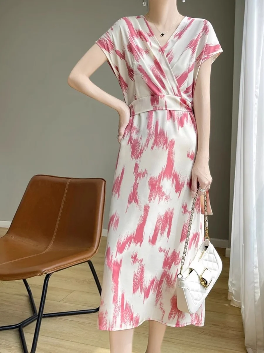 Zomer 2024 Ele V-Ne Zijde Satijn ort Sve Losse Afslankende Lange Dr Dames Dr met Riem Vloeiende Rok