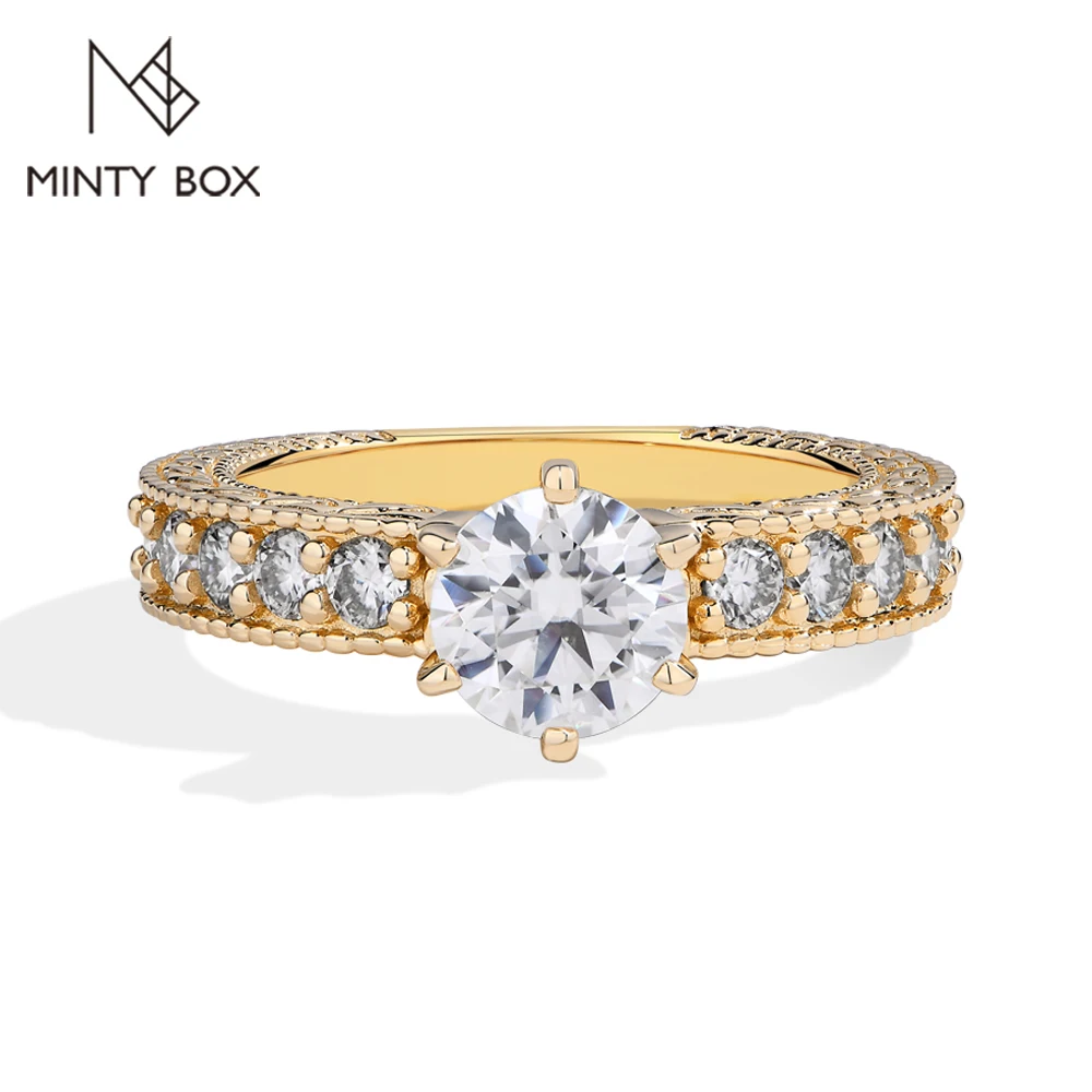 MINTYBOX Gold Vintage Milgrain Round 7mm Moissanite Rings for Women S925 Silver Engagement Wedding Band Party Fine Jewelry Gifts