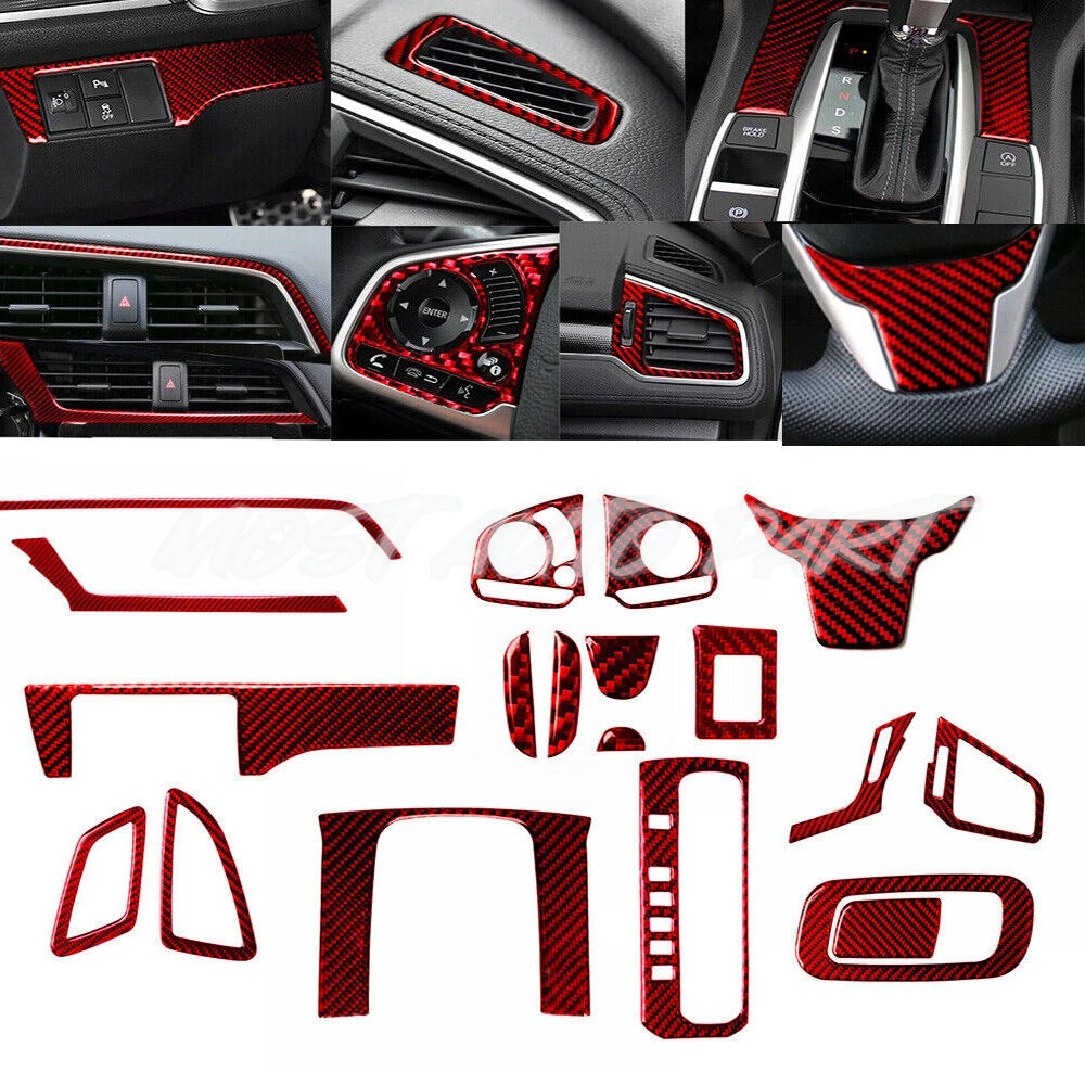 Red Carbon Fiber Interior Accessories Kit Cover Trim For Honda Civic 2016-2021 19pcs Interior Whole Kit