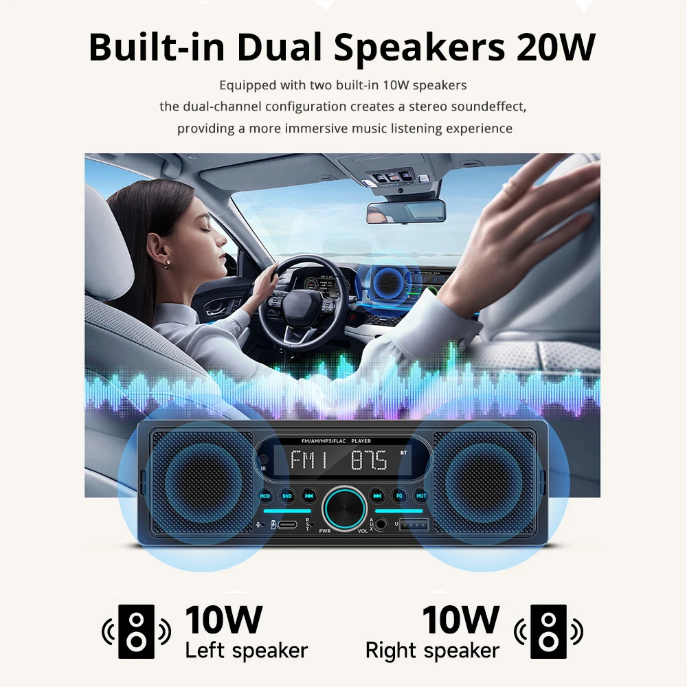 Universal 1Din Car Retro Radio Built-in Speaker MP3 Player Stereo Dual BT FM AM RDS Radio AUX-In USB EQ Type-C Charging 55W*4