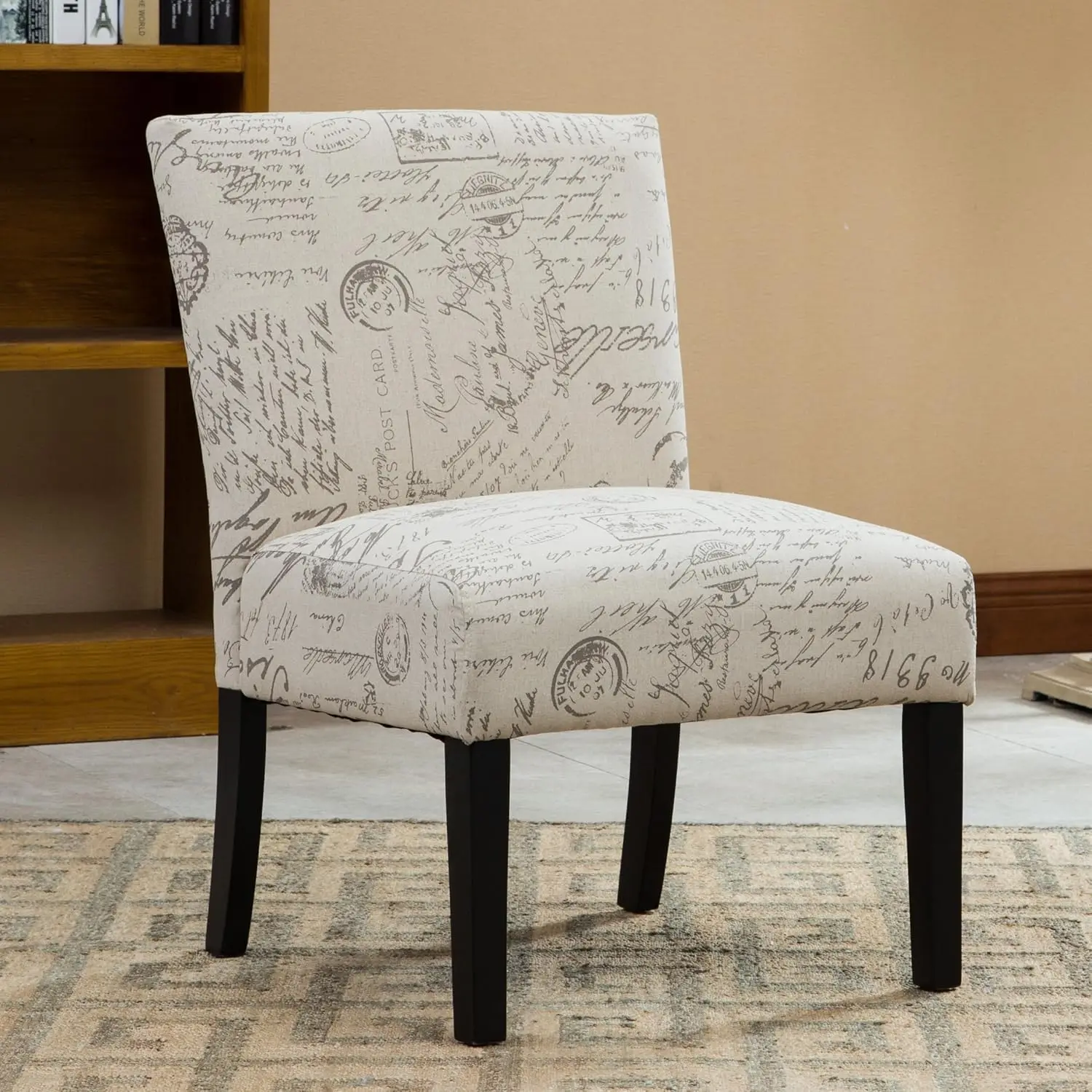 Contemporary Fabric Accent Chair with Script Print, Armless Design for Living Room, Office, or Bedroom Decor