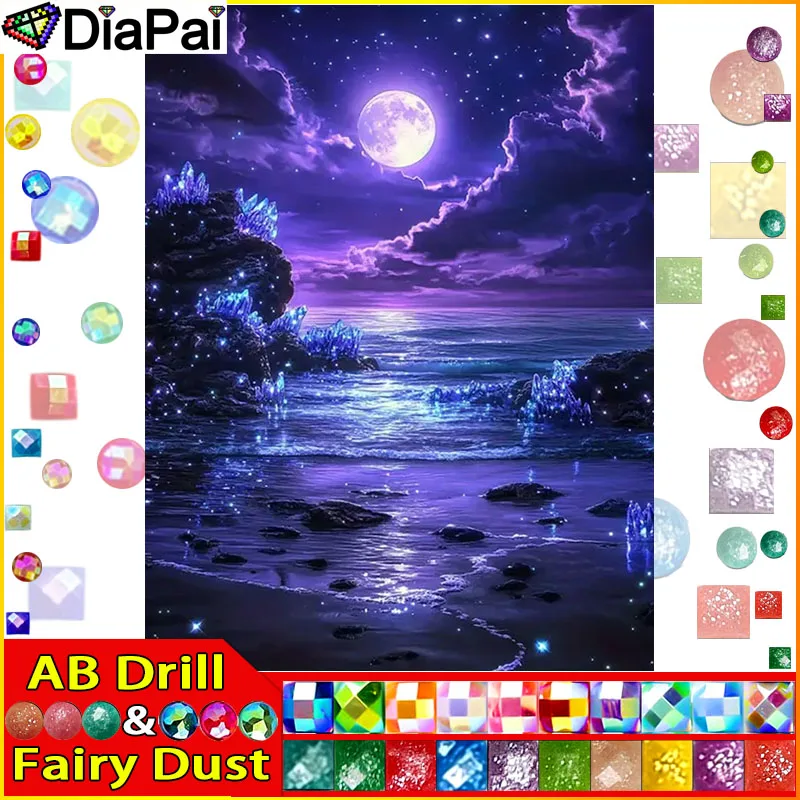 DiaPai Fairy Dust AB Diamantgemälde „Mond Beach“, voller quadratischer/runder Bohrer, Wanddekoration, eingelegtes Harz, Stickerei, Basteln