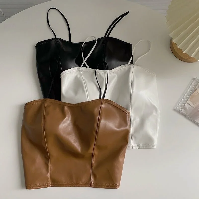 

baby girls Korean PU leather suspender vest spring autumn pleated open back kids crop top streetwear camis tank top 3 to 16 yrs