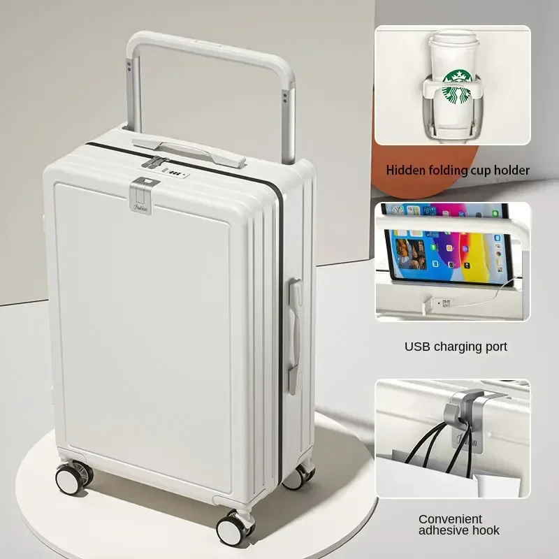 Wide Handle Suitcase Luggage with USB Cup Holder Travel Bags Rolling Wheels Trunk Bags Password Trolley Case Cabin Suitcases