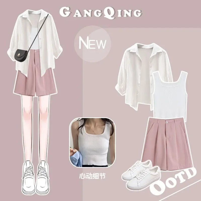 

Women's High Waist Shorts Pants Set Summer Casual Long Sleeve Shirt Wide Leg Pants with vest 3-piece Set