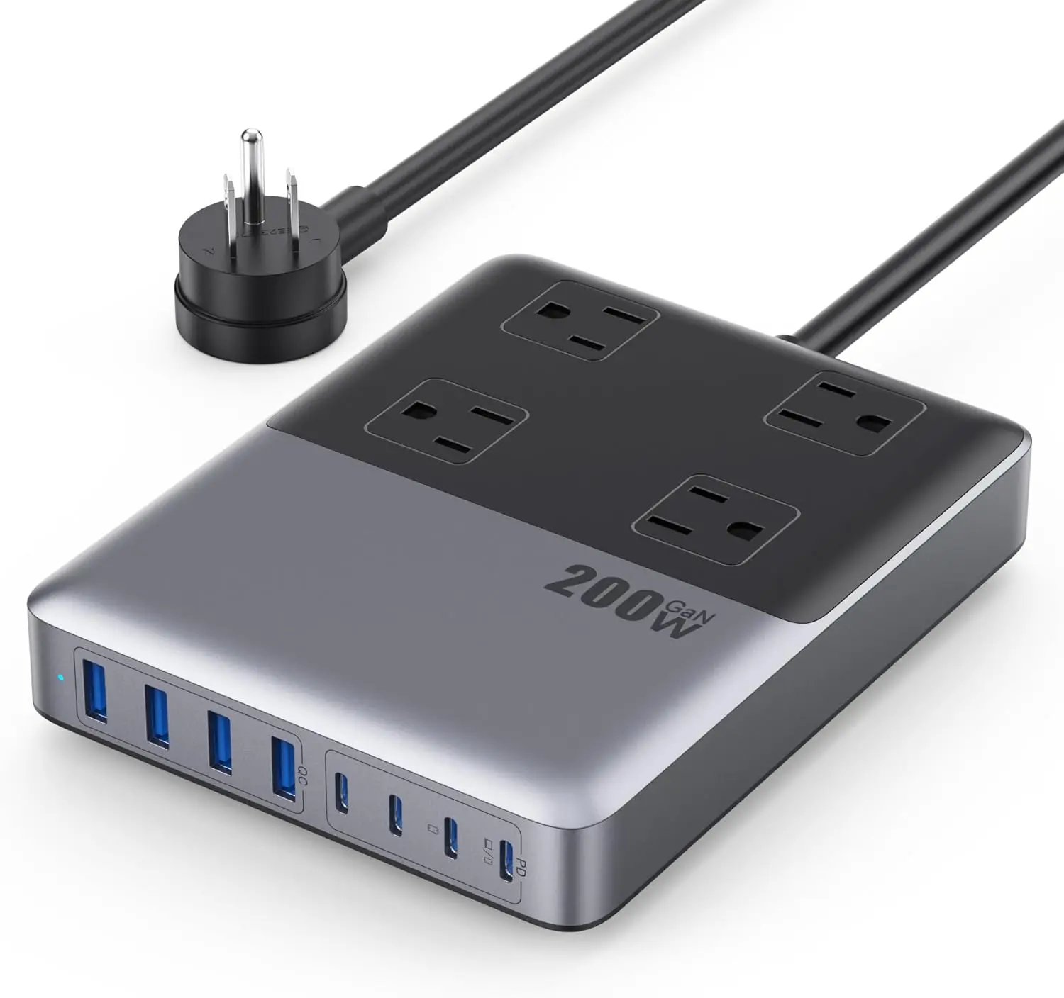 

Зарядная станция 12-в-1 с USB-C, сетевой фильтр с кабелем 1,5 м и вилкой, зарядное устройство GaN IV USB-C мощностью 200 Вт, 4 розетки переменного тока, 8 портов USB для MacBook