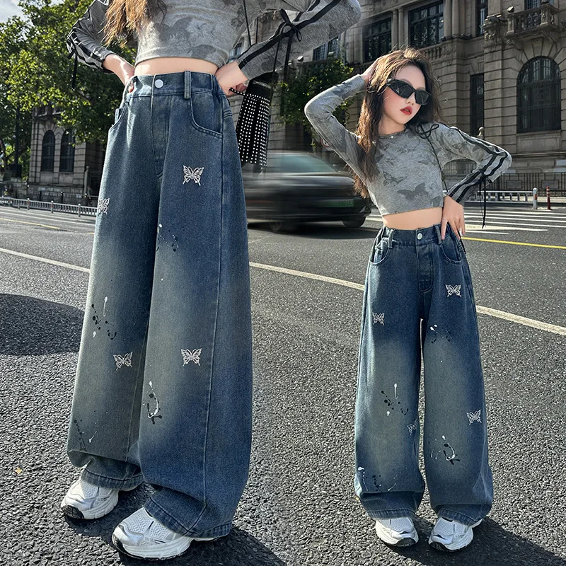 New Children Jeans with Bright diamond butterfly for Girls Stylish Straight Denim Trousers Kids Teenager Loose Style Jeans Pants