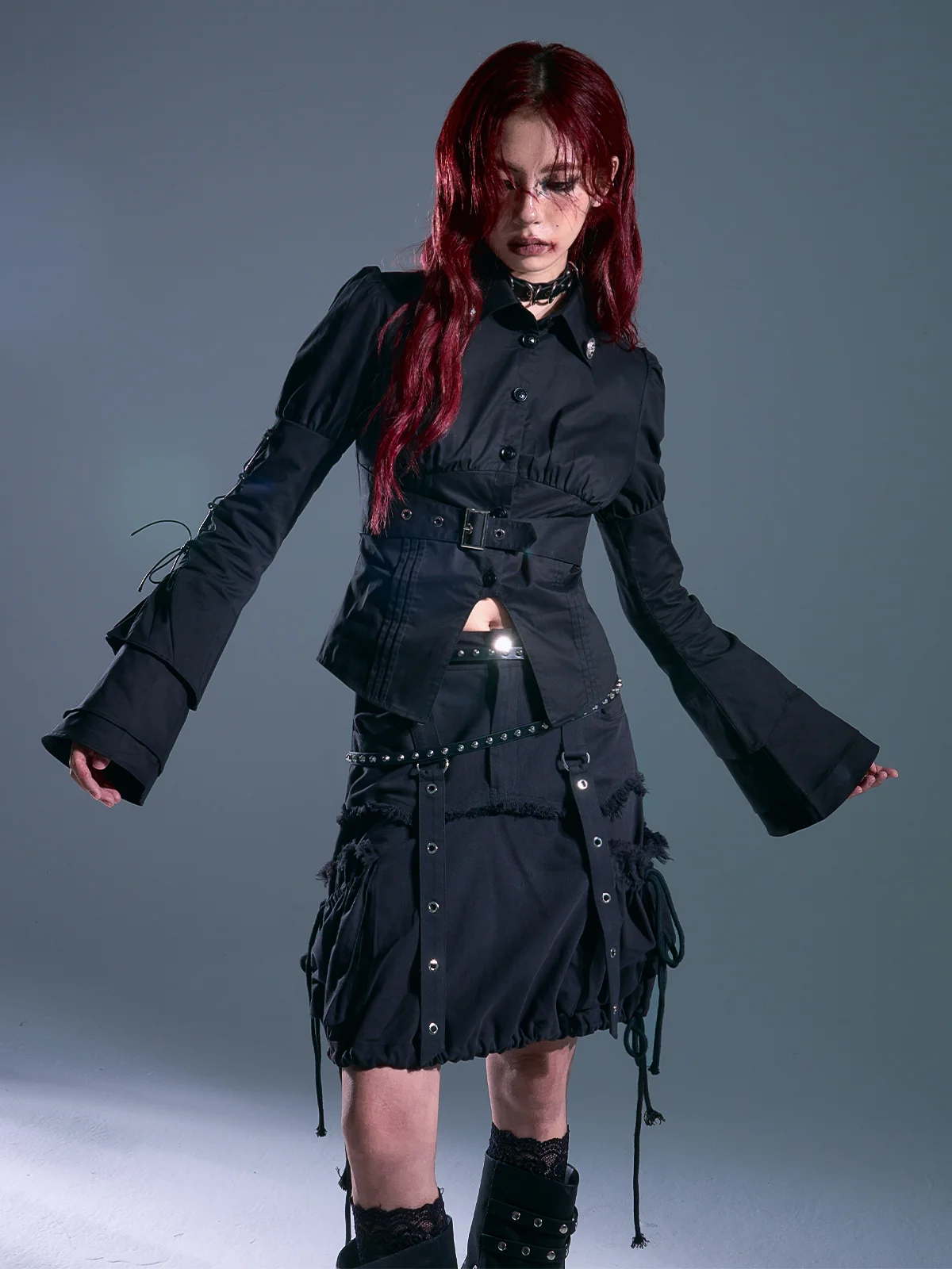 

Готический топ с длинными рукавами и поясом, облегающий, с рукавами-фонариками, дышащий, женский, премиум-класса, модный, Garden Lost