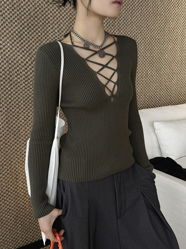 FANAN Fashion Knitting Hollow Out T-shirt For Women Long Sleeve Gathered Waist Slim Office Lady Clothing Female 2026 Spring New
