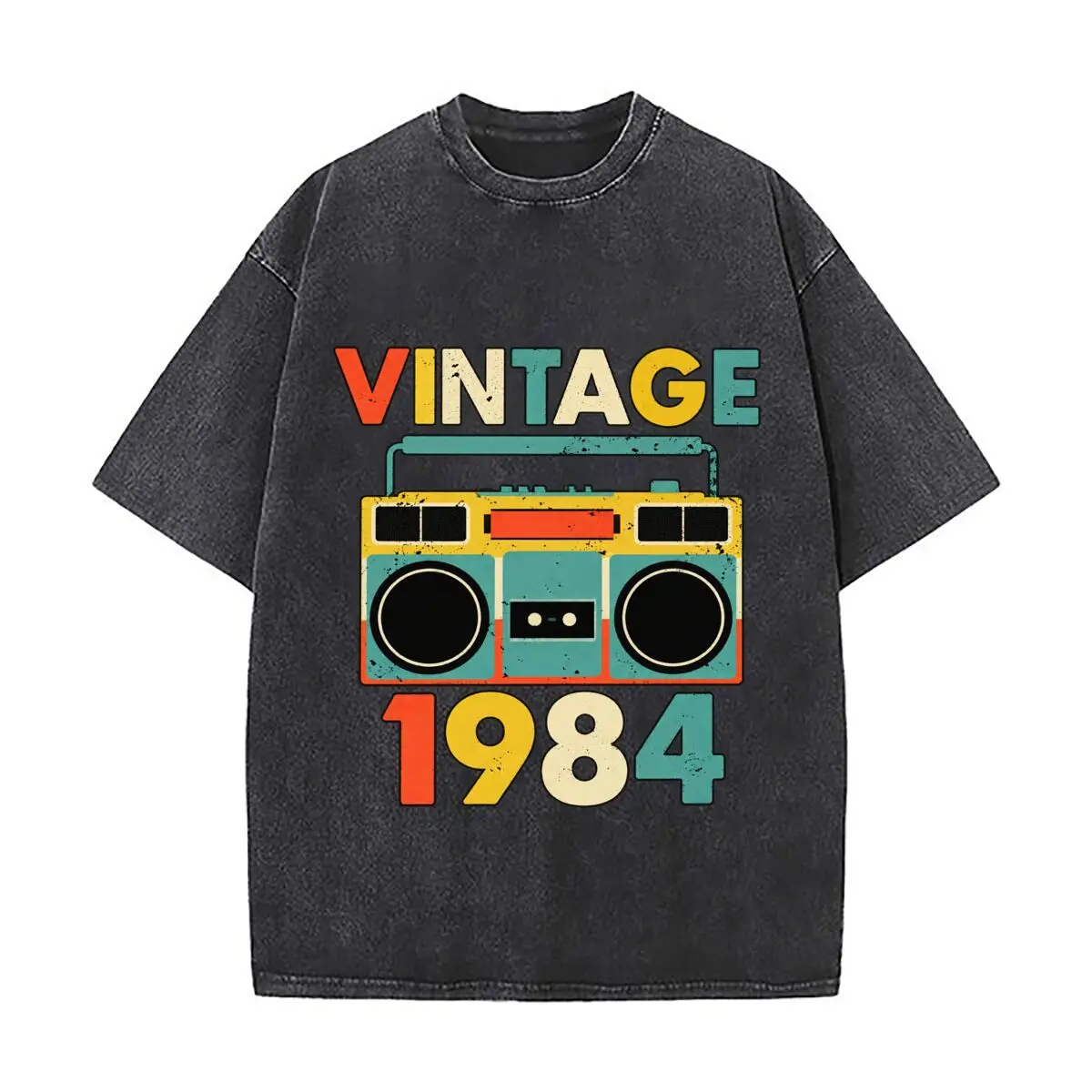 Vintage 1984 Retro Boombox Cassette Recorder Design Distressed Vintage Oversized Streetwear Tops for Coffee Dates