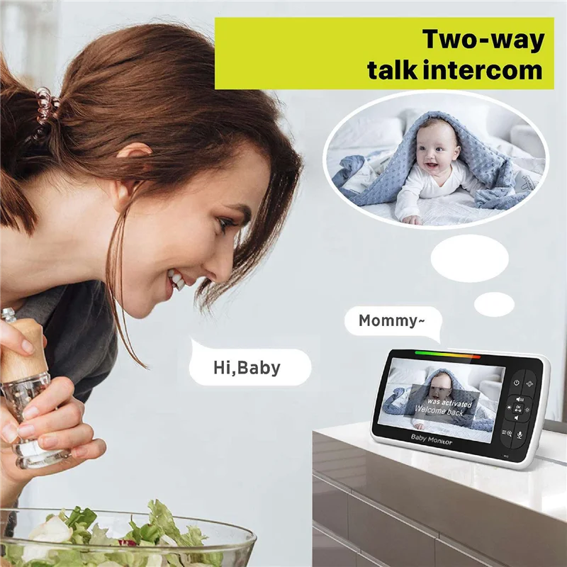 Neues 5-Zoll-Ninnlieder-Video-Babyphone mit Kamera und Audio-Fernbedienung, Schwenk-Neige-Zoom, 2-Wege-Audio-Temperatursensor, EU-Stecker