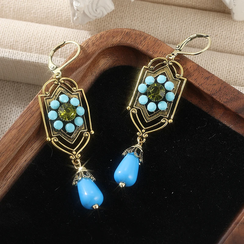 Vintage Gold Color Geometric Long Drop Earrings For Women Imitation Blue Gemstone Dangle Earrings Elegant Jewelry Gifts