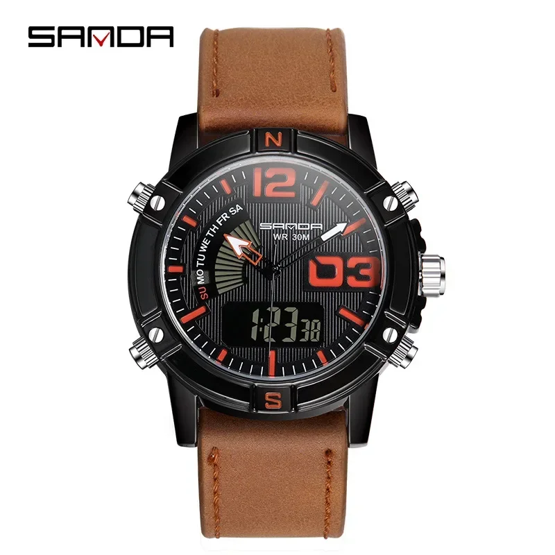 SANDA New Student Youth Men's Waterproof Luminous Alarm Clock Stopwatch Sports Leather Watch With Electronic Watch