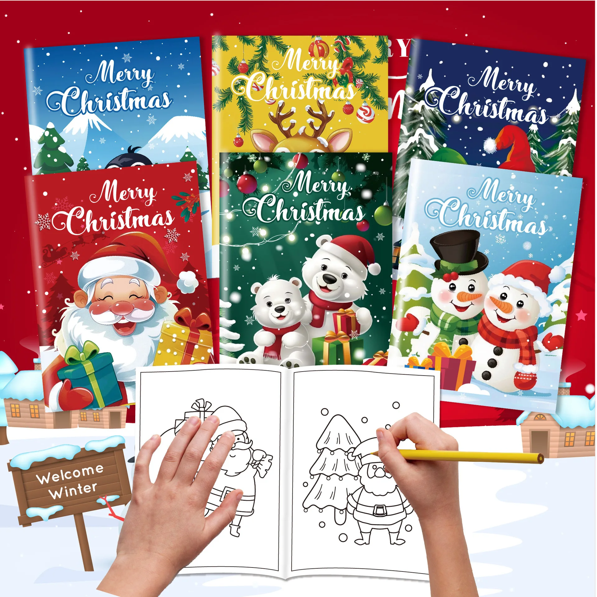 6pcs Christmas Coloring Books Set Cartoon Doodles Coloring Books for Children Christmas Eve Party Favors Winter Party Supplies