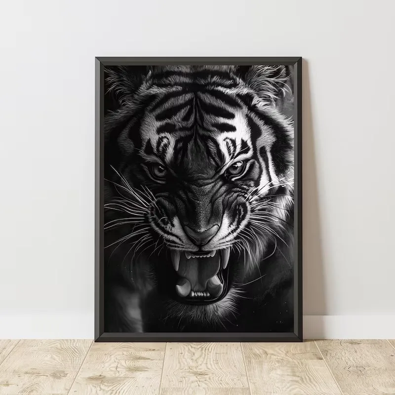 Black and White Wild Animal Canvas Wall Set Tiger Panther Leopard Eagle Inspirational Wildlife Prints for Man Cave Home Decor
