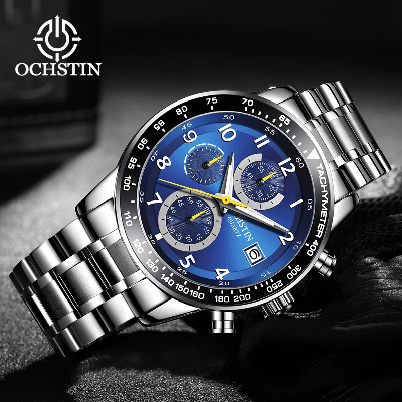 OCHSTIN Men Pilot Style Wristwatch Multi-Function Quartz Movement Stainless Steel Strap Clock Male Waterproof for Men Daily Use