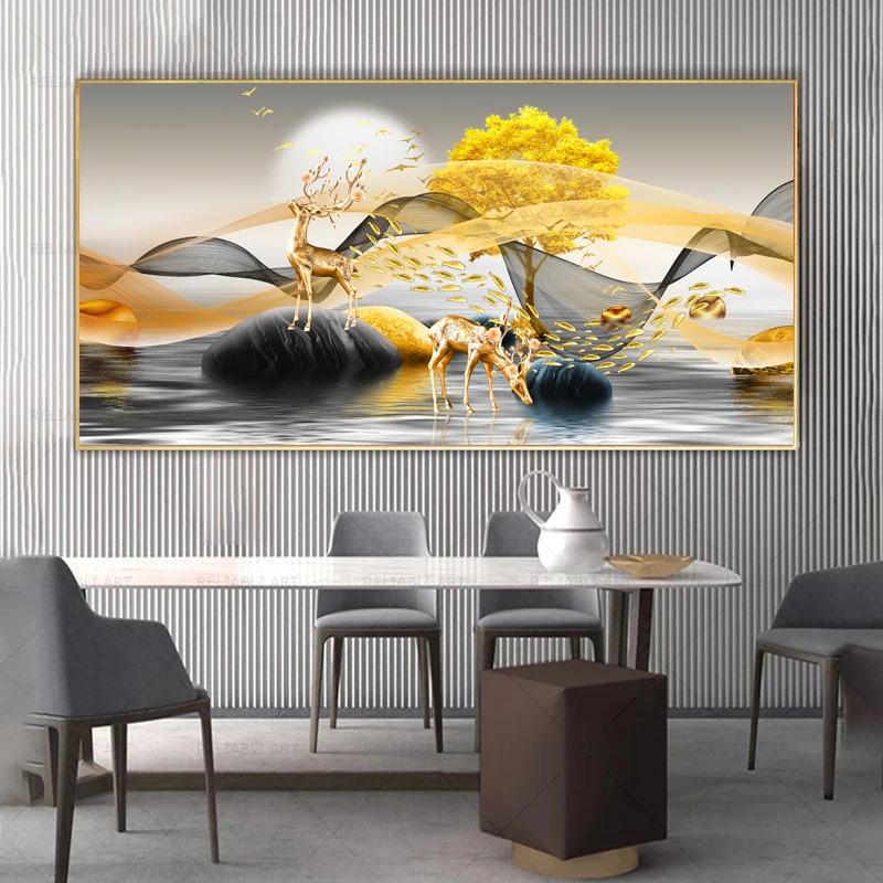 New Chinese Style Modern Abstract Gold Deer Tree Stone Luxury Decorative Painting Posters Canvas Prints Wall Art for Living Room