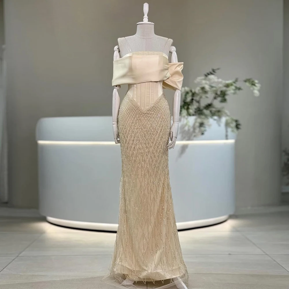 Alinovia Luxury Beaded Nude Off-the-Shoulder Mermaid Evening Dress 2025 Long Formal Prom Wedding Party Gown for Women Customized