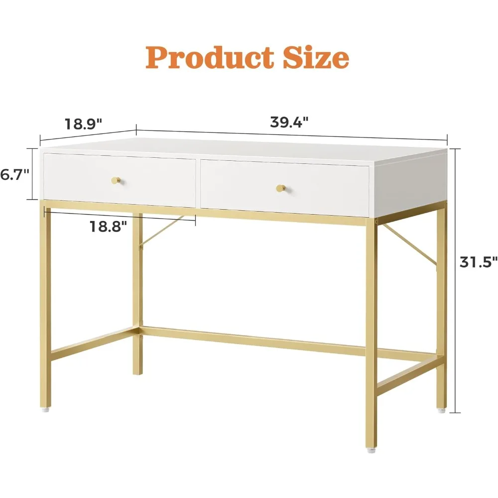 Modern White and Gold Vanity Desk with 2 Drawers, Compact Makeup Desk, Home Office Writing Desk for Small Spaces