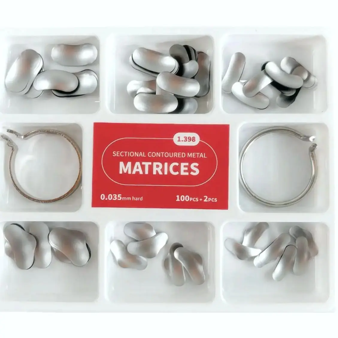 100pcs Dental Sectional Matrix System 1.398 Matrices with 2 Metal Clamping Separating Rings 0.035mm Thickness for Dentist Tools