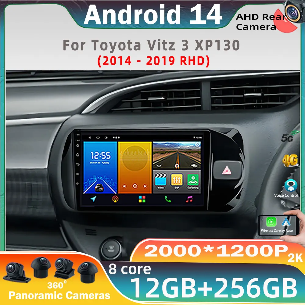 

9" QLED Screen Android 14 For Toyota Vitz 3 XP130 2014 - 2019 RHD Radio Multimedia video Player Navigation GPS BT No 2din DVD