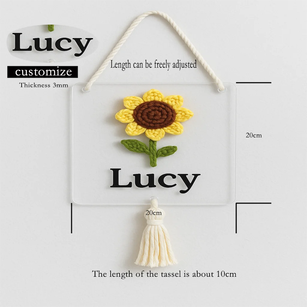 Custom Acrylic Name Sign with Handmade Crochet Sunflower – Personalized Door Plaque for Bedroom Decor Newborn Gift