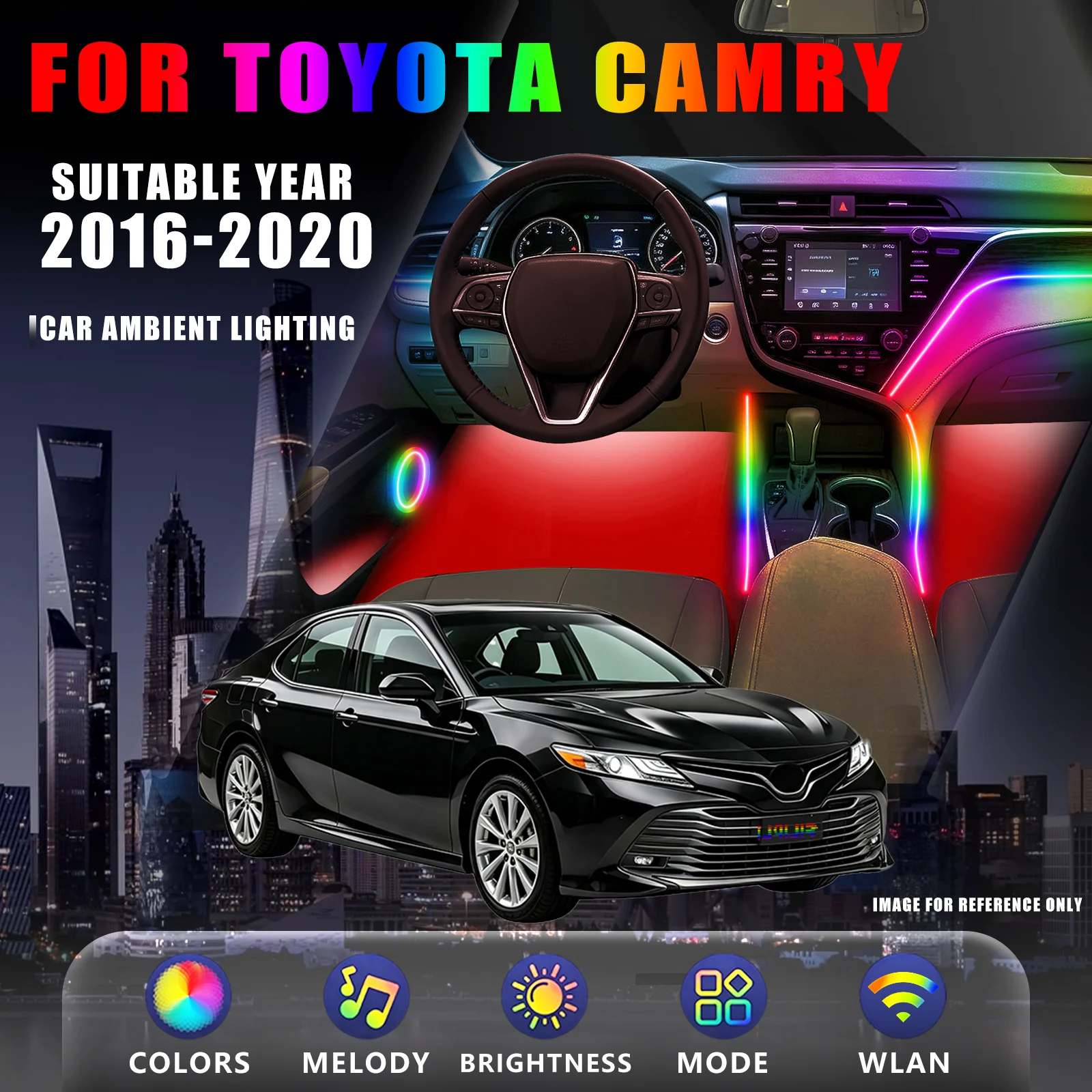 FOR TOYOTA Camry 2016-2020 YEAR DREAM COLOR 6 Lights car ambient light kit rainbow gradient flow light hidden acrylic strip app color tuning door welcome light vehicle interior styling accessory
