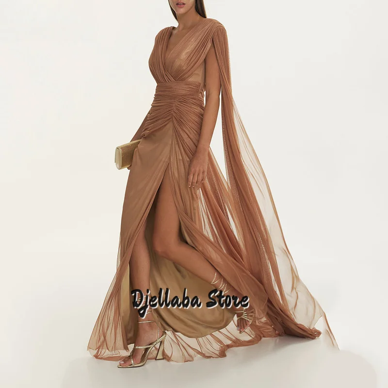 

Brown Tulle Silk Evening Dress V Neck Sleeveless A Line Side Slit Prom Gowns Elegant Pleated Party Dress Customized