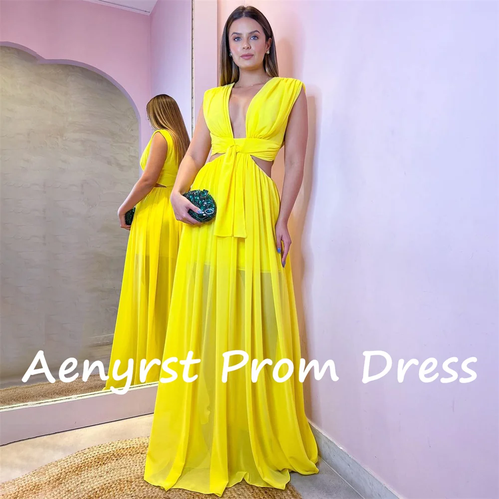 Aenryst Yellow V Neck Spaghetti Strap A Line Prom Dresses Chiffon customized Evening Dress Floor Length Formal Occasion Gowns