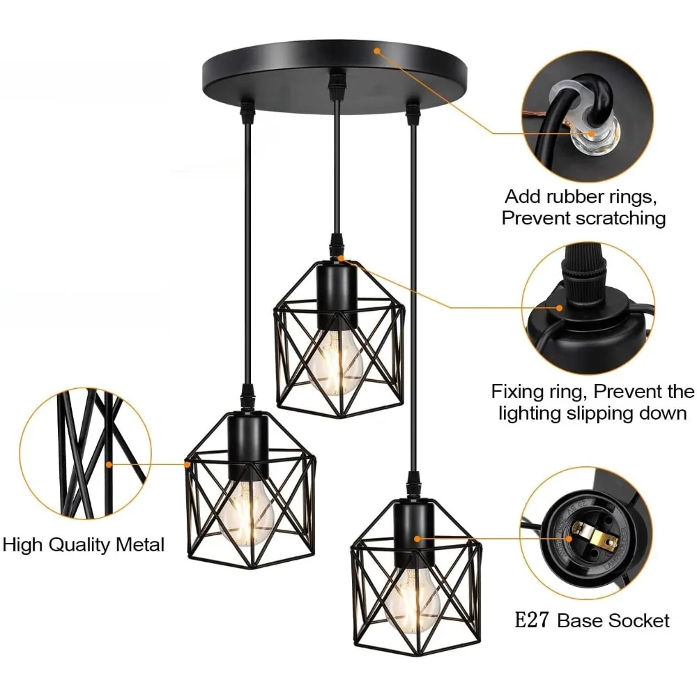 JOYINLED Vintage 3-Licht Pendelleuchte Industrielle Deckenbeleuchtung E27 Schwarze Hängelampe für Esszimmer Flur E27 – Detail 2