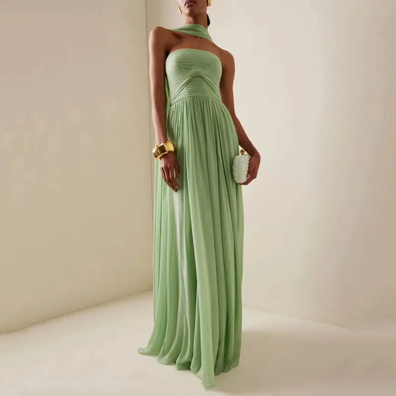 Aleeshuo Modern Straight Green Prom Dresses Sexy Strapless Pleated Sleeveless Evening Dress Backless Zipper Vestido De Noche2024