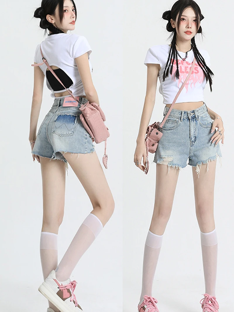 

High Waist Denim Shorts Women's Summer Large Size New Style A-Line Hot Pants Torn Design Spicy Girl Pure Color Jeans