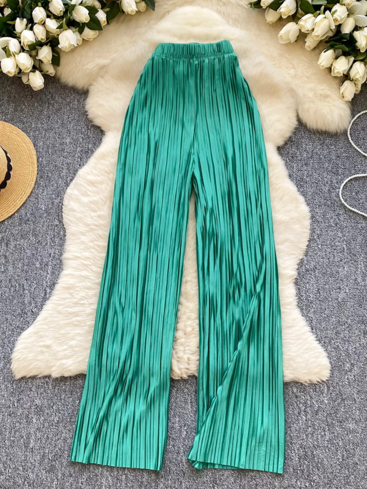 New 2025 Women's Ice Silk Narrow Wide Leg Pants Summer High Waist Drape Loose Straight Casual Floor Length Skirts