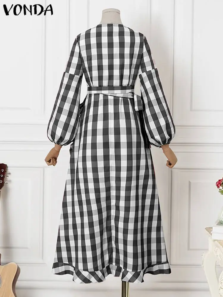 VONDA Oversized Women Maxi Dress 2023 Casual Long Lantern Sleeve Plaid Sundress Bohemian Loose V-Neck Bandage Holiday Robe Femme