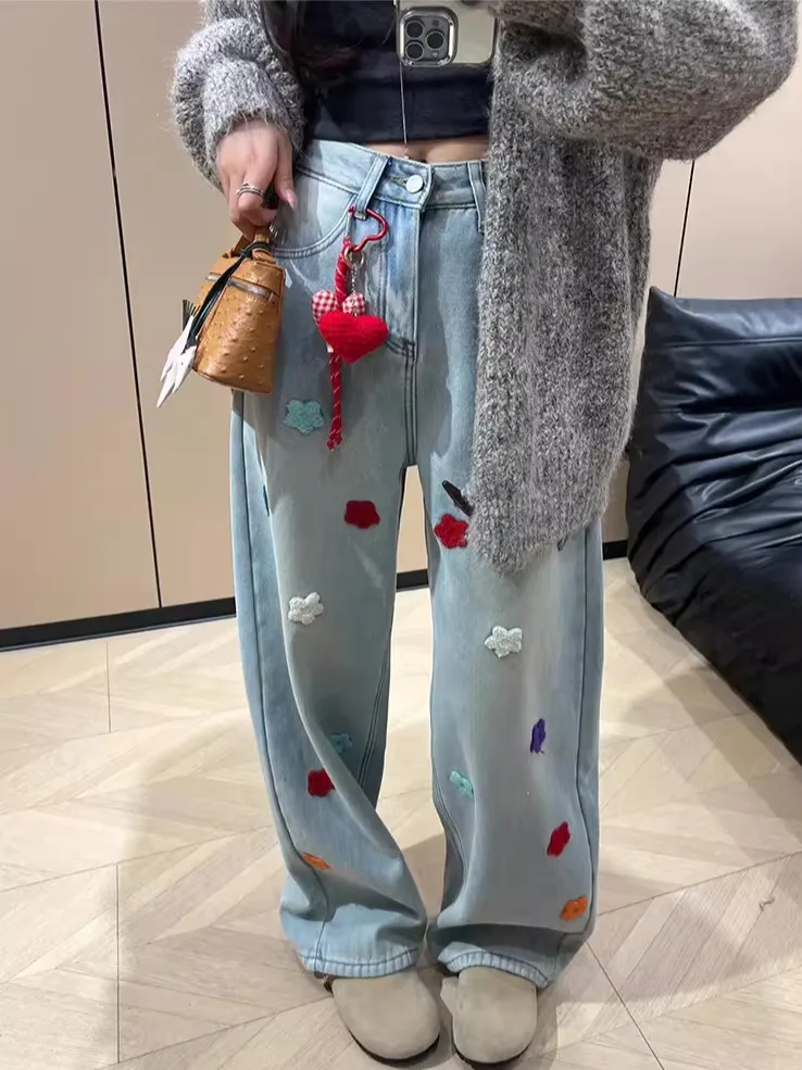 

Женские джинсы с высокой талией и широкими штанинами, с подкладкой, в американском ретро-стиле, с 3D-цветами, прямые, зимние, повседневные