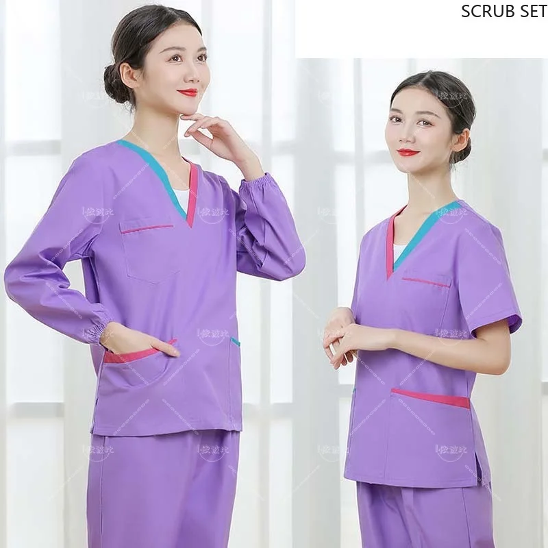 Scrub Set Women Medical Uniform Long Sleeve Scrub Top Doctor Workwear Veterinary Scrub Trousers Dentistry Short Sleeve