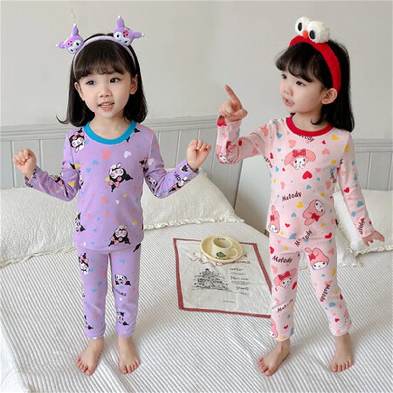 New Cute Sanrioed Children Thermal Underwear Autumn Pants Anime Kuromi My Melody Kids Home Clothes Pajamas Girls Sleepwear Gift