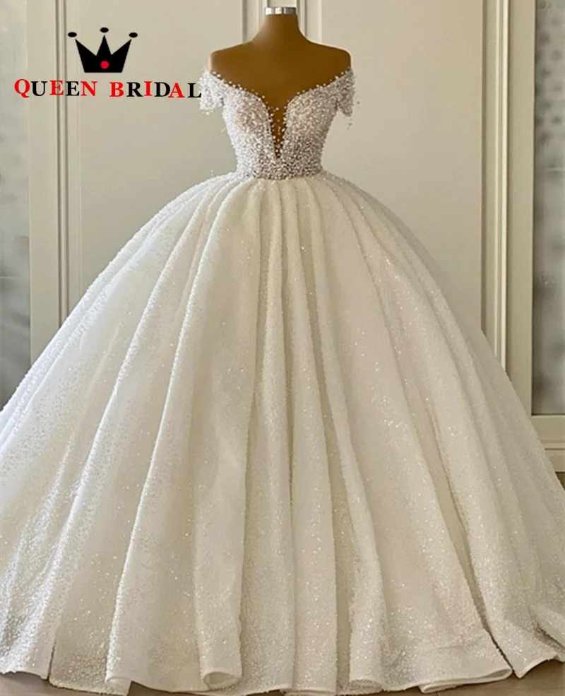 Beading Pearls Wedding Dresses 2024 Luxury Sequined Lace V Neck Off Shoulder Bridal Ball Gowns Vestidos De Novia Custom Z68Y