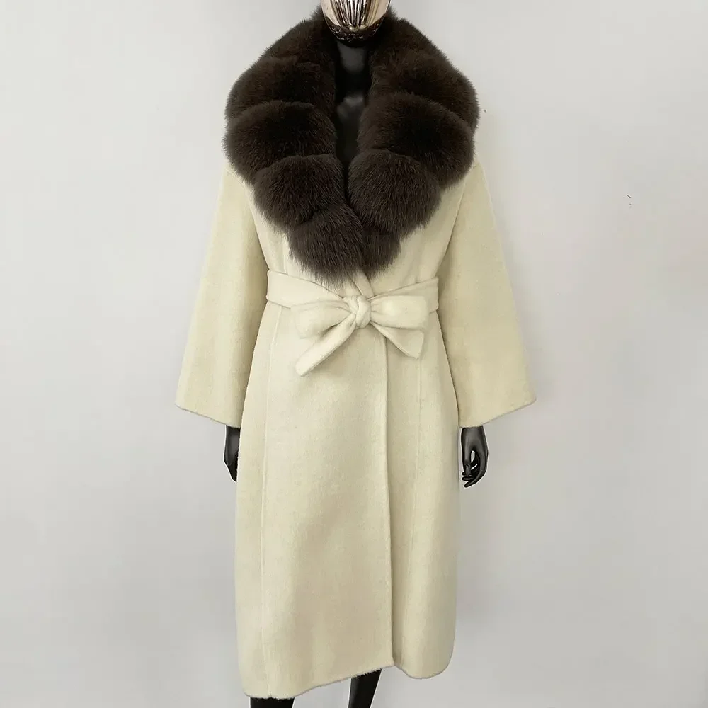 2024 New Oversize Ladies Outerwear Real Fur Coat Winter Women Natural Fox Fur Collar Jacket Hood Cashmere Woolen Blend Coat