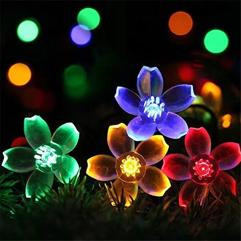 7M LED String Fairy Lights Solar Powered Peach Blossom Flower Lamp Outdoor Garden Christmas Decorations