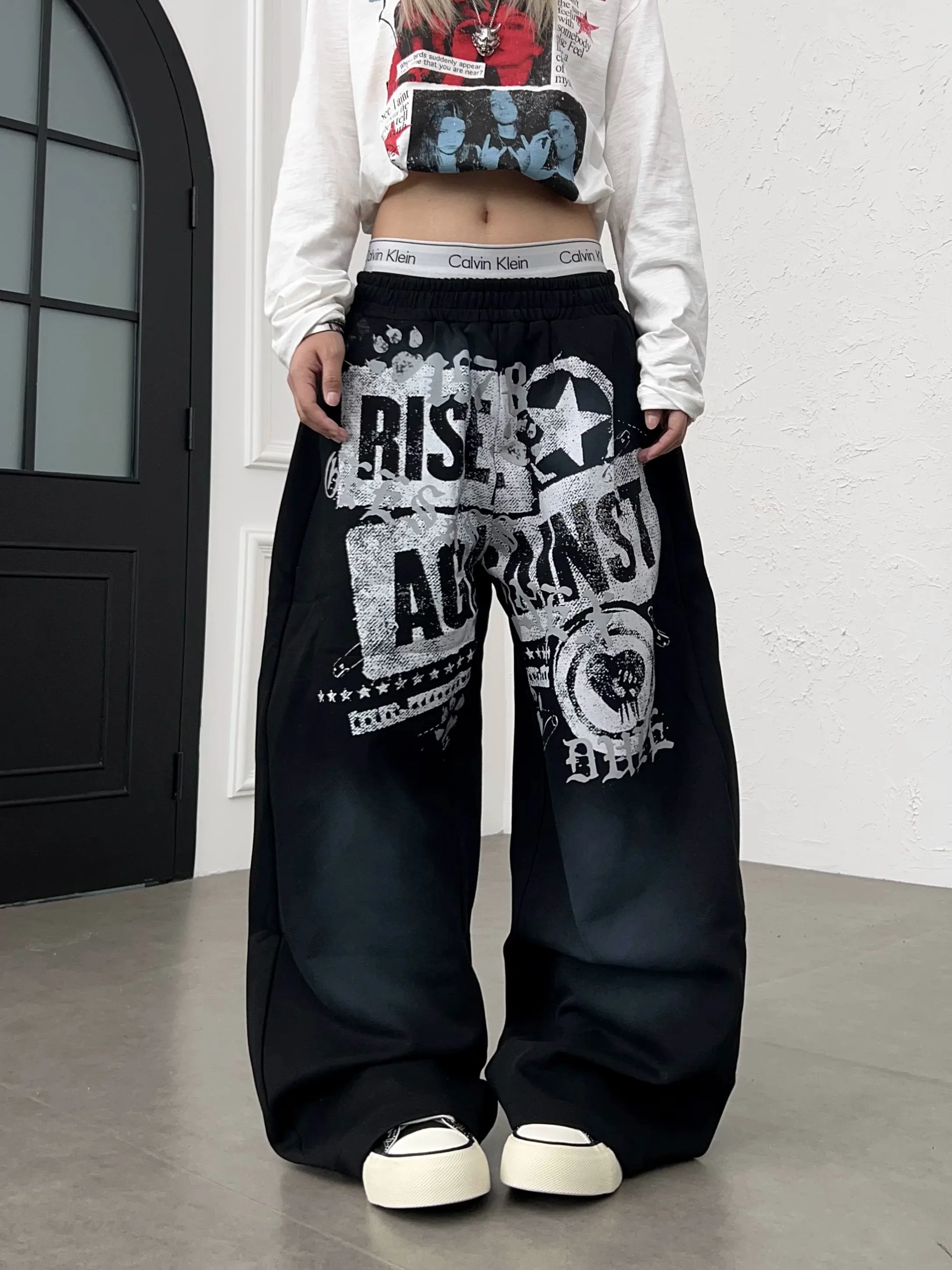 Retro American Graffiti Letter Dance Worn-out Hip-hop Casual Pants Men Women Trendy Brand Harajuku Loose Fit Wide Leg Sweatpants