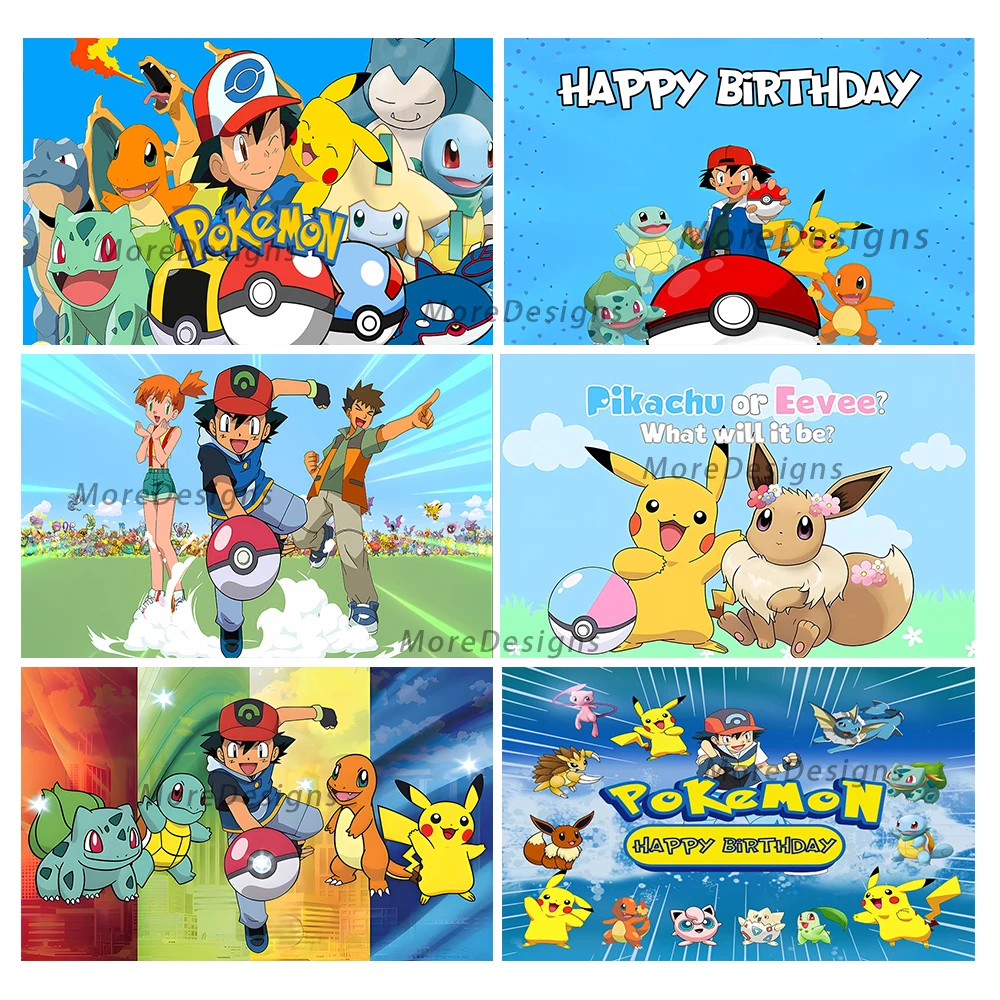 Bandai Pokemon Photo Backdrop Kids Birthday Party Banner Cartoon Pikachu Vinyl Polyester Fabric Photography Props