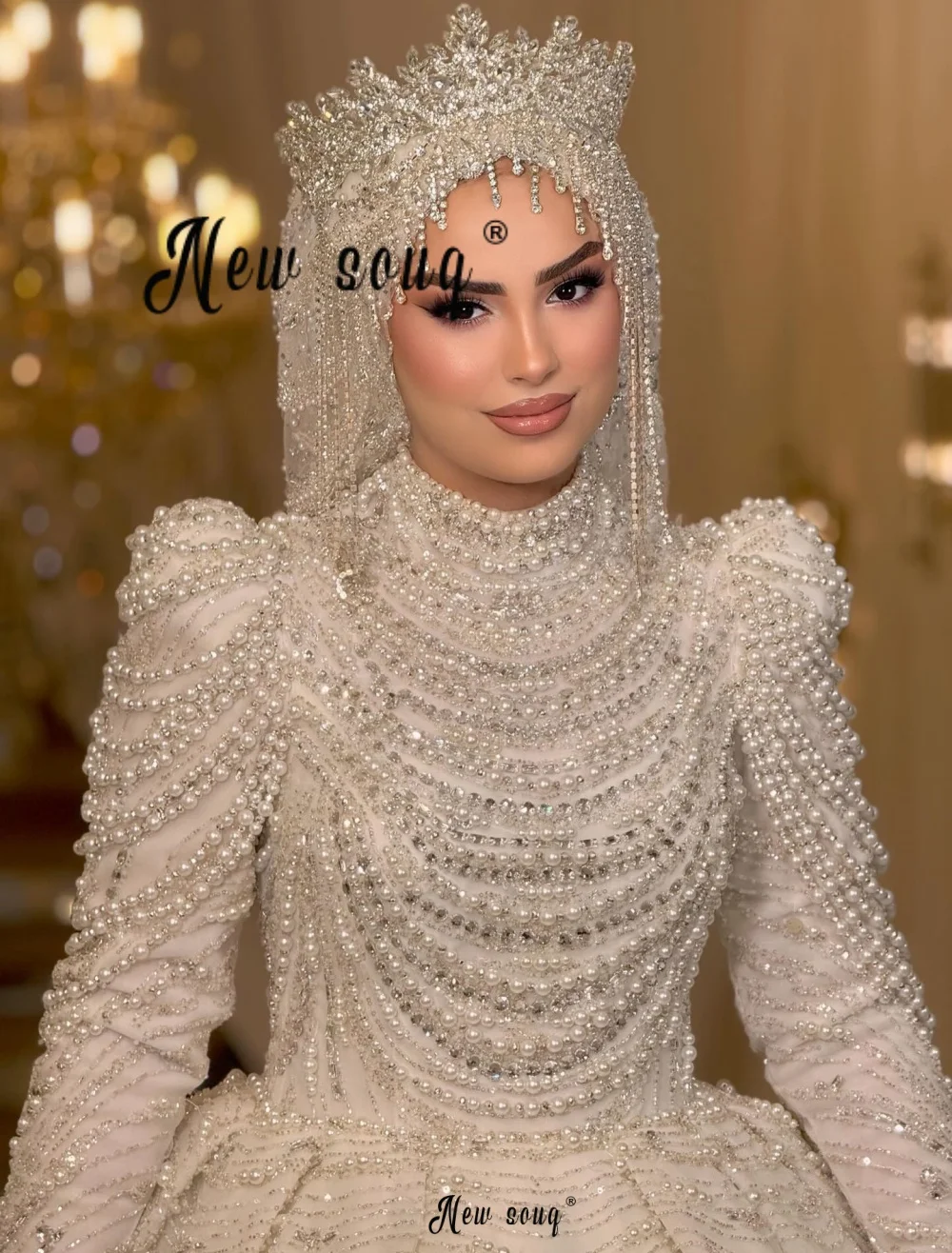 White Pearls Turtleneck Wedding Gown Long Sleeves Dubai Beading Bridal Dresses Plus Size Customized For Muslim Middle East Women - view 2