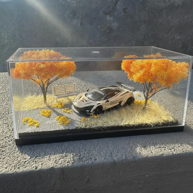 Clear Acrylic 1:64 Car Model Display Box Autumn Diorama Mini Scene Desktop Decor for Tabletop Display Use