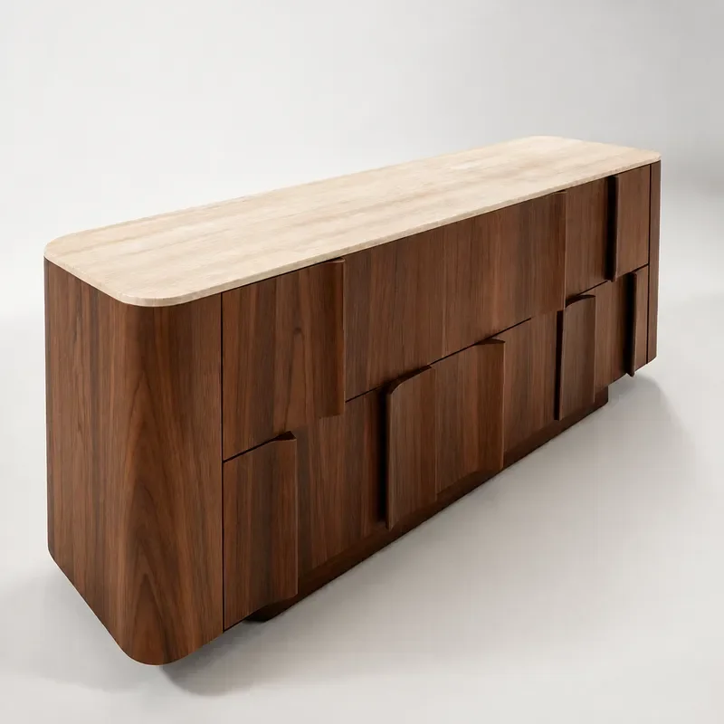 Nordic Antique Solid Wood Dining Side Cabinet Wabi Sabi Entrance Storage Console with Travertine Top for Home Living Room