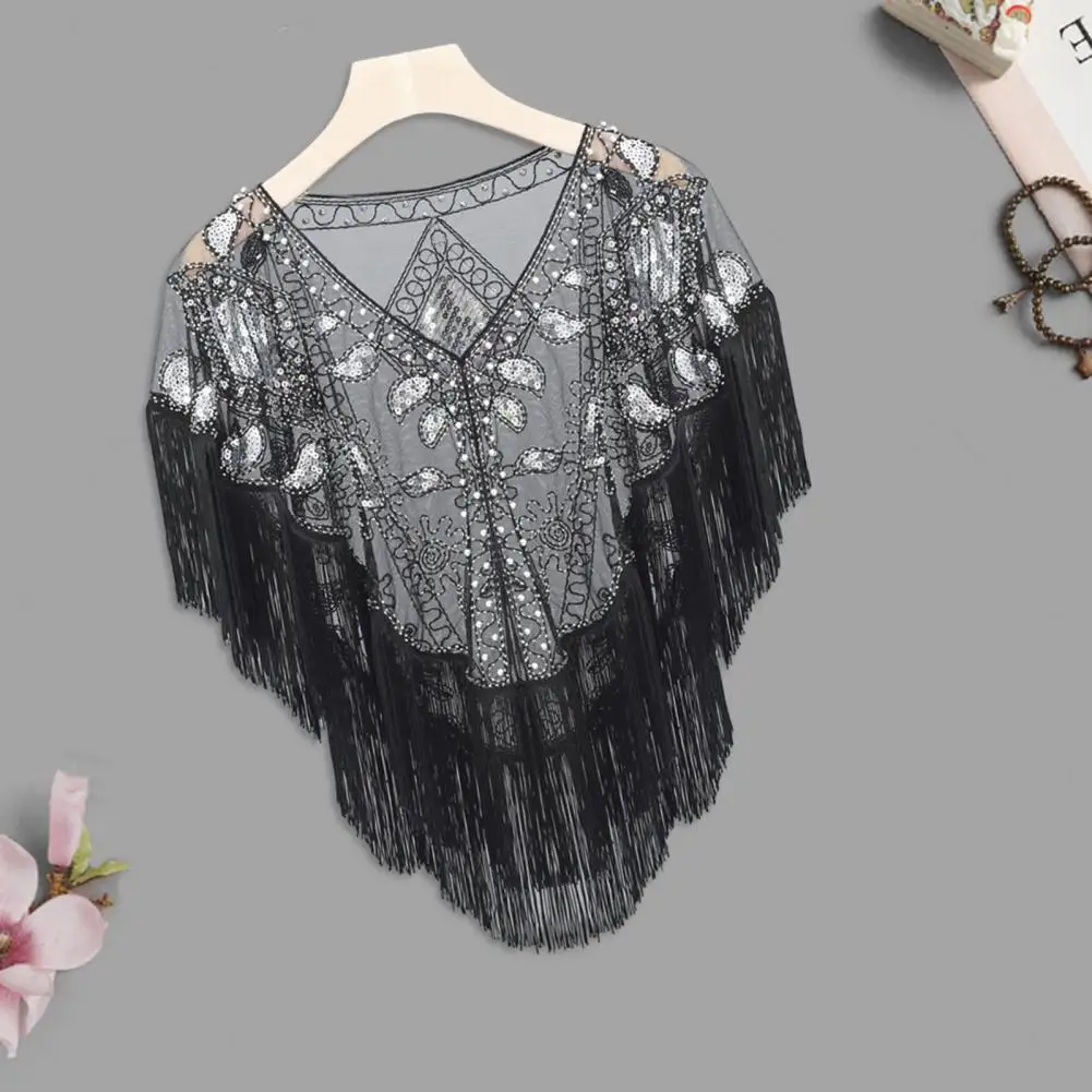 Women 1920s Sequined Shawl with Tassels Beaded Pearl Fringe Solid Color Sheer Mesh Wraps Gatsby Flapper Bolero Cape Cover Up